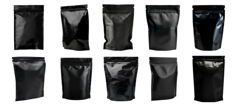 Various black matte packaging pouches, cut out transparent