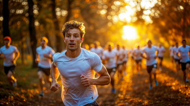 &eacute;quipe de sport ou pompiers &agrave; l'entra&icirc;nement. En train de faire du jogging en groupe en for&ecirc;t