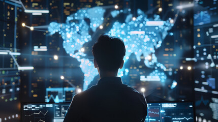 a man Is working in front of big computer with data analysis, future technology concept, blur effect backgraund