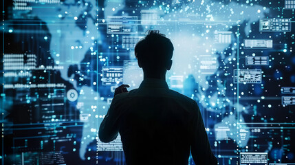 a man siluette Is working in front of big computer with data analysis, future technology concept, blur effect backgraund