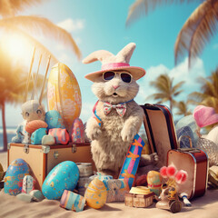 Cute bunny wearing a pink bow tie and sunglasses sitting on a suitcase with colorful easter eggs on the beach.