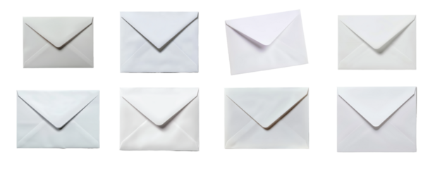 White sealed envelopes in different orientations, cut out transparent