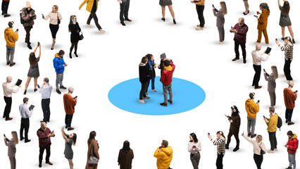 Fototapeta na wymiar Contemporary art collage. Group of people talking standing on blue point surrounded crowd against white background. Concept of business, work and education, entrepreneurship, diversity. Ad