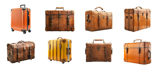 Vintage and modern luggage collection on transparent background