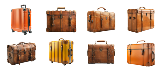 Vintage and modern luggage collection on transparent background