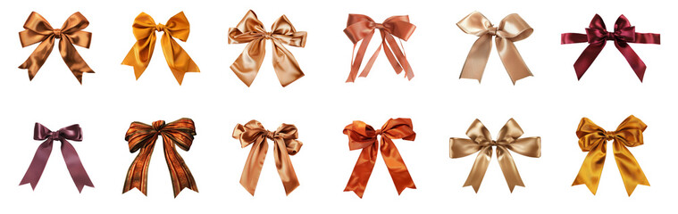 Assorted satin bows in various colors isolated, cut out transparent
