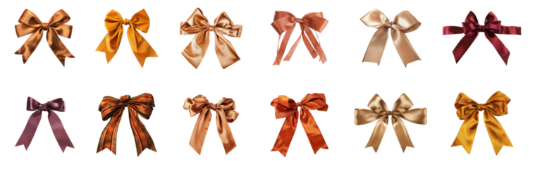 Assorted satin bows in various colors isolated, cut out transparent