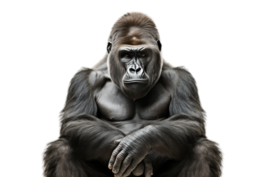 Gorilla Sitting With Hands on Knees. On a Clear PNG or White Background.