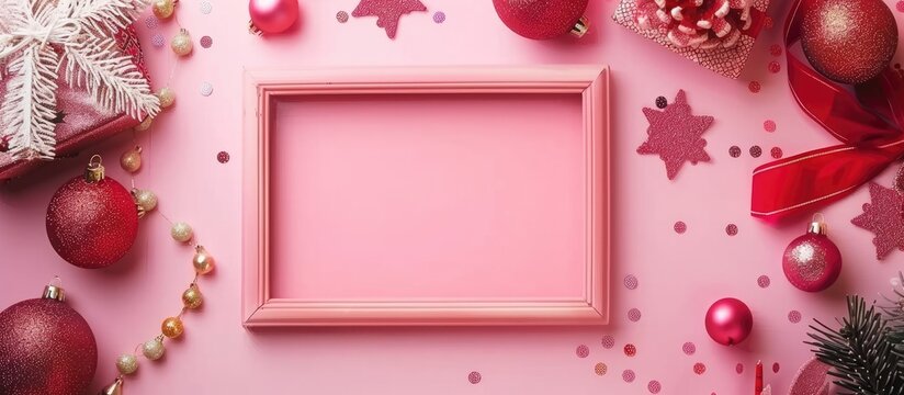 Christmas ornaments, sparkly sequins, and a photo frame on a chic pink table from above. Stylish setting for a festive backdrop. Flat lay image suitable for party invitations or mockups.