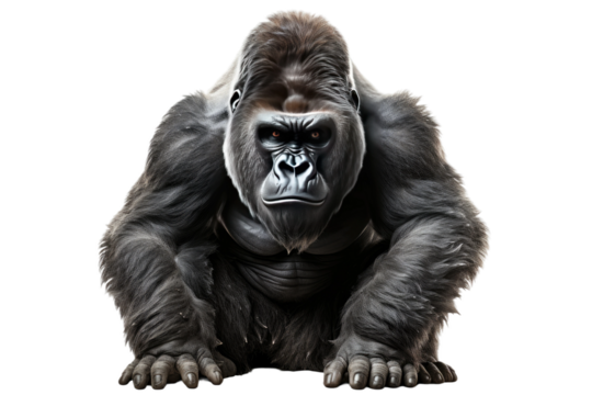 Big Gorilla Sitting With Hands on Hips. On a Clear PNG or White Background.