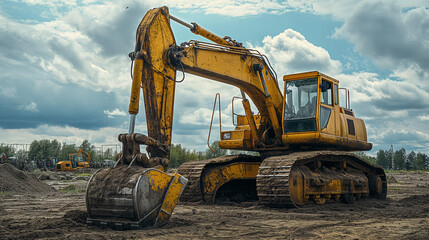 Yellow excavator on a construction site.
