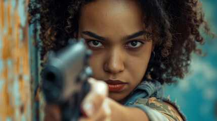 Woman aiming a gun with focus.