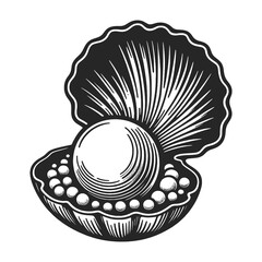  pearl nestled in an open oyster shell, representing luxury and natural beauty, line art sketch engraving generative ai raster illustration. Scratch board imitation. Black and white image. - obrazy, fototapety, plakaty
