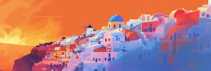 Santorini's Caldera View with Sunset Glow: A Stylized Grecian Dreamscape