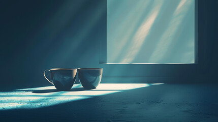 Enchanted cups, murmuring with stories untold, revealing secrets when touched Bridging the gap between utility and mystery 3D render, Silhouette lighting, Vignette effect - obrazy, fototapety, plakaty