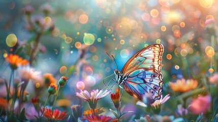 Iridescent butterfly, delicate wings shimmering in the garden, surrounded by vibrant flowers and lush greenery, in a whimsical and detailed illustration with bokeh effect for depth of field