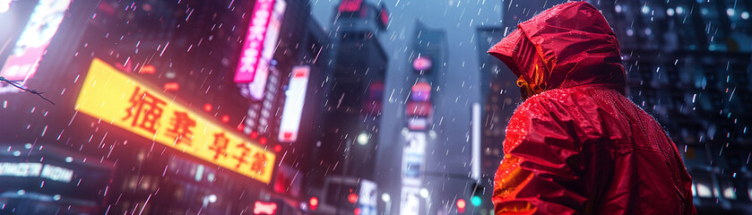 Cyberpunk Hacker, Neon Jacket, Tech-savvy rebel, Exploring a neon-lit city overrun with futuristic skyscrapers and holographic advertisements, Rainy night, 3D render, Backlights, Motion Blur