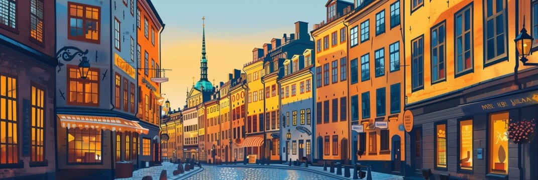 Fototapeta Stockholm's Historic Gamla Stan at Dusk: A Warm Stylized Cityscape
