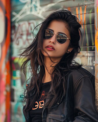Obraz premium Indian woman model dressed in trendy fashion wearing sunglasses