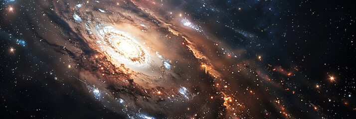 A picture of bright spiral galaxy with myriads of stars. Banner - obrazy, fototapety, plakaty
