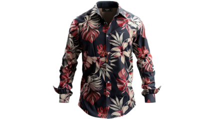 A trendy men's printed shirt, adding a pop of personality to any outfit, its bold pattern and crisp collar highlighted against a seamless white background