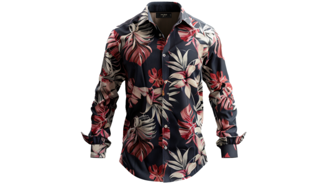 A trendy men's printed shirt, adding a pop of personality to any outfit, its bold pattern and crisp collar highlighted against a seamless white background