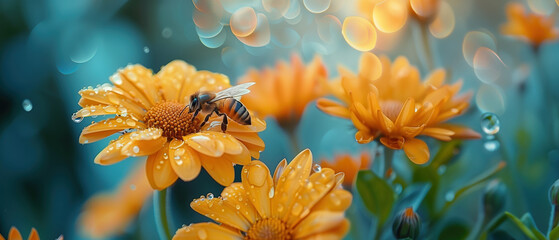 Honey bee collecting nectar from a yellow flower, spring background with copy space - obrazy, fototapety, plakaty