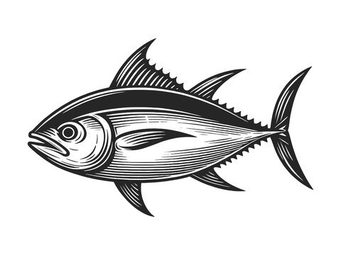 tuna fish with detailed fine lines sketch engraving generative ai fictional character raster illustration. Scratch board imitation. Black and white image.