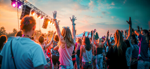 des jeunes regroupés à un concert dansent ensemble devant une scène à l'extérieur au coucher du soleil