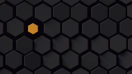 Black hexagon background with single yellow field; abstract honeycomb pattern isolation concept; top view, flat lay; 3d rendering, 3d illustration - obrazy, fototapety, plakaty
