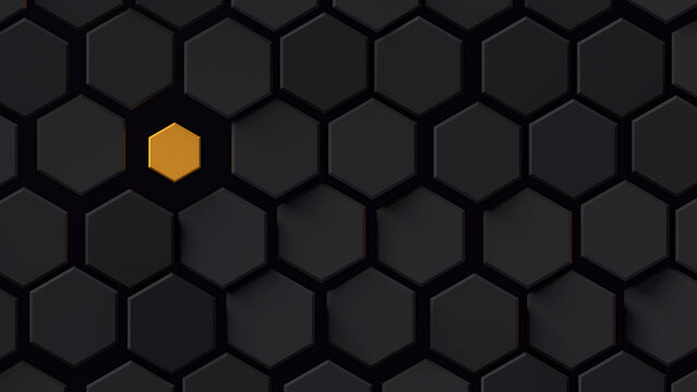 Black hexagon background with single yellow field; abstract honeycomb pattern isolation concept; top view, flat lay; 3d rendering, 3d illustration