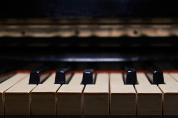 Cinematic keys old piano, close up, music background, skill home lesson