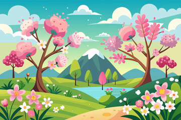 spring landscape with flowers and trees