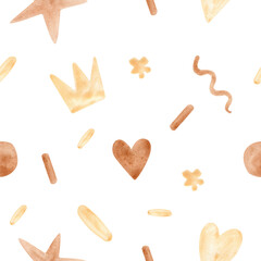 Seamless pattern with hand drawn watercolor large set of abstract shapes collection. Use for poster, print, card. Yellow and brown colors.