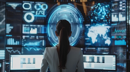 A woman in white works in front of a large computer analysing data, a concept of future technology,  blur effect in the background