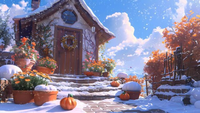 a house with a bunch of pumpkins in the snow. Seamless Looping 4k Video Animation