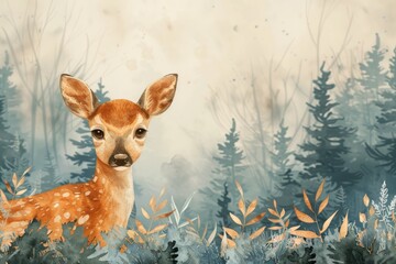 A watercolor illustration of woodland baby deer forest animal for nursery invitations with pink and blue foliage