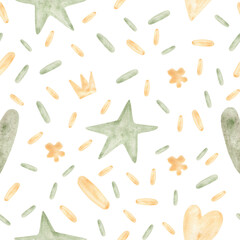 Seamless pattern with hand drawn watercolor large set of abstract shapes collection. Use for poster, print, card. Yellow and green colors.
