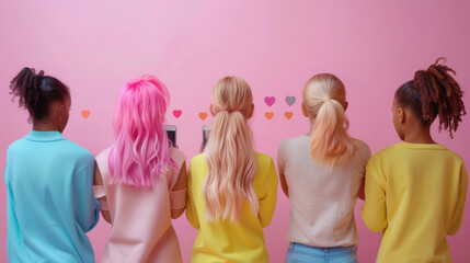 Group of teenage girls holding mobile phones watching video, chatting, communication online on pink background. Technology addiction, social media concept. Gen Alpha kids. Generative ai - obrazy, fototapety, plakaty