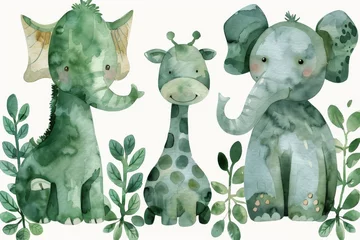 Fototapeten The seamless pattern features watercolor baby animals for the nursery in green color © DZMITRY