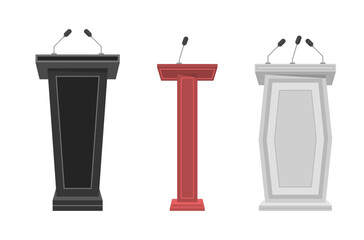 Tribune podium rostrum speech flat stand. Conference stage with microphone, press or debate speaker