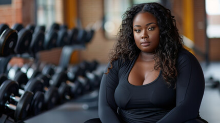 Black woman, fat body positive beauty, doing sports in the gym or fitness center. Motivation for a...