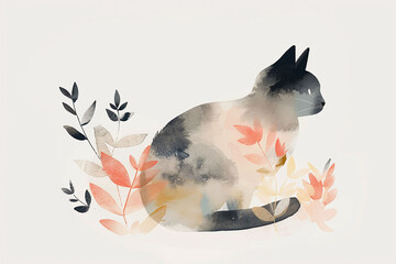 Whimsical Cat and Leaves Illustration - 766977565