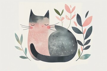 Tranquil Cat Illustration with Foliage - 766977703
