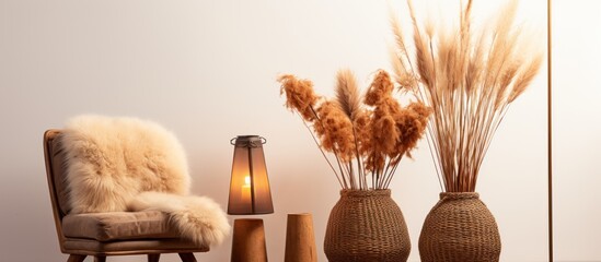 Cozy brown sofa, lamp and vase