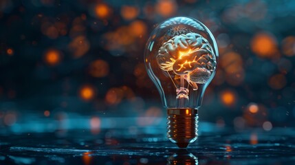 Luminous brain in bulb, concept of idea generation