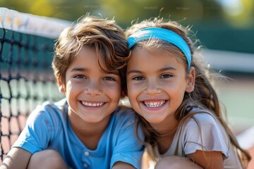 Happy little boy and girl on the court