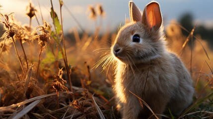 A rabbit is sitting in tall grass at sunset - obrazy, fototapety, plakaty