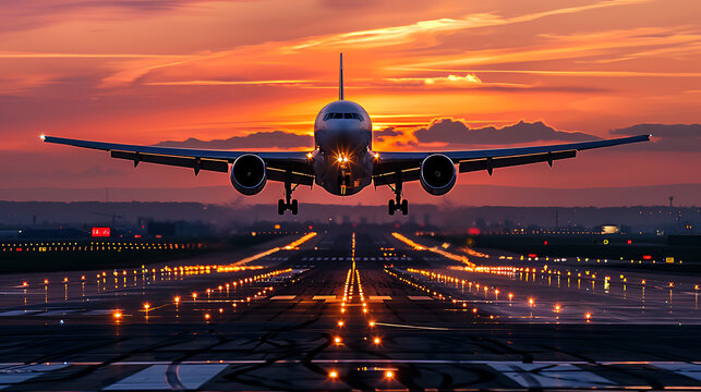 Airplane taking off from the airport runway at sunset, cloudy sky background, lightened up the runway, Traveling leaving the country concept