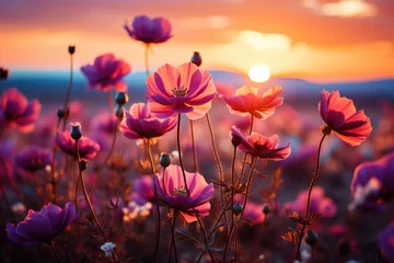 Fotobehang Field of lilac poppies at sunset © Elen Nika
